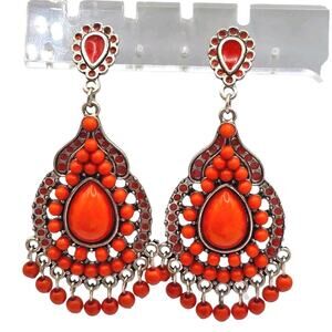 Earrings Vibrant Orange Beaded Ornate Dangle Pierced Fashion Statement SKU 3098